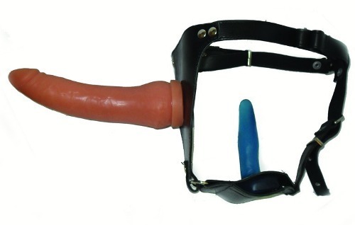 Arnes Doble Placer + Pene + Plug Anal - Cuero - Imagen 3